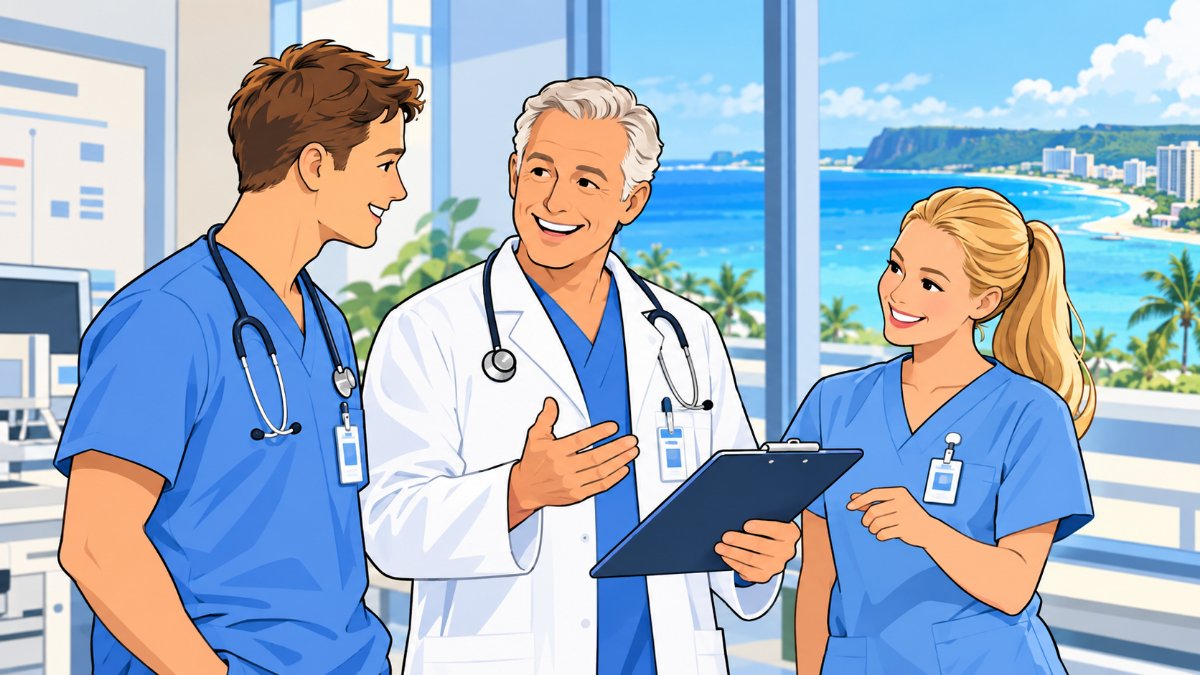 Illustration of a doctor and two nurses talking, with a view of Tumon Bay, Guam