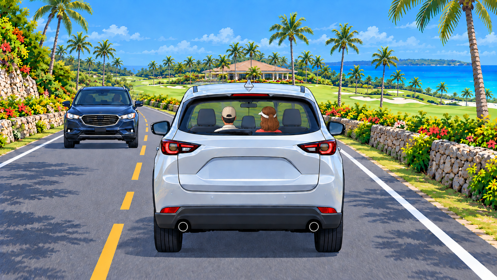 A group of four driving a Mazda CX-5-style RV to a Guam golf course in the right lane