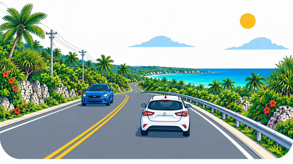 White rental car and an oncoming car centered in their correct lanes on the way to a Guam beach