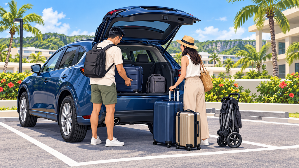 Travelers checking whether suitcases and a stroller fit in an SUV cargo area