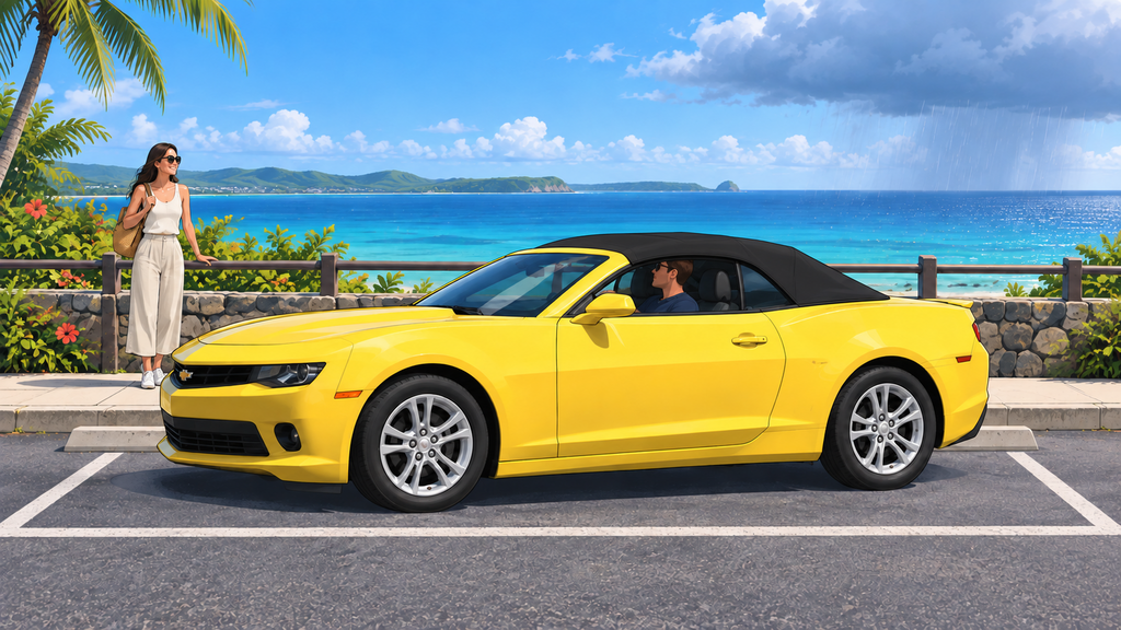 Convertible correctly parked at a Guam seaside viewpoint with its roof closed before a tropical shower
