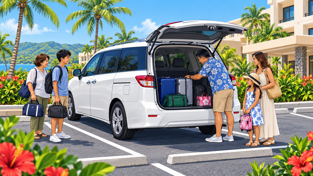 Family safely loading luggage into a van in a Guam hotel parking lot