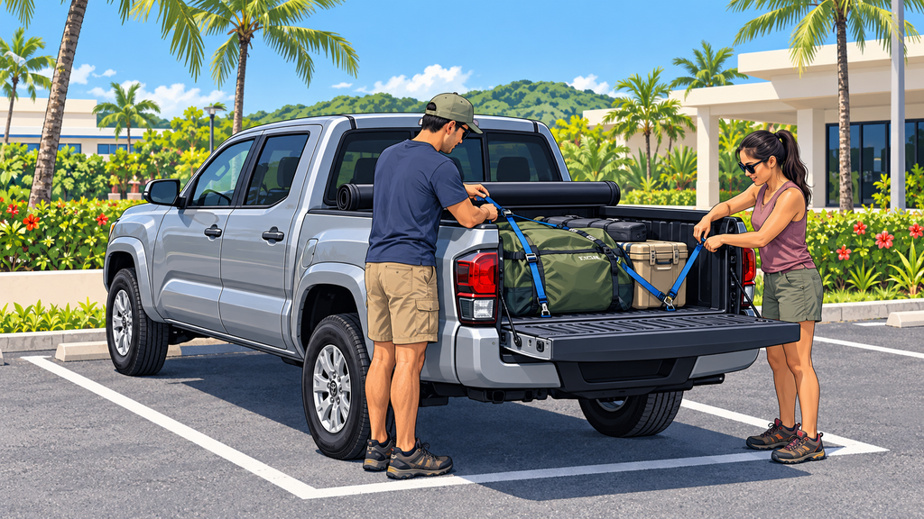 Travelers securing equipment with tie-down straps in a pickup bed in a spacious Guam parking lot