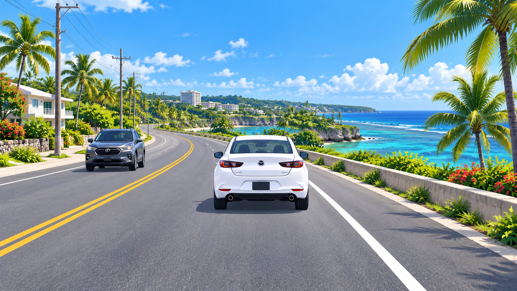 White rental car centered in the right-hand lane on a Guam coastal road with an oncoming vehicle in the opposite lane