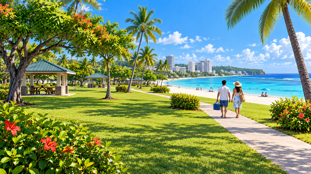 Broad lawn, shade trees and calm Tumon Bay at Ypao Beach Park in Guam