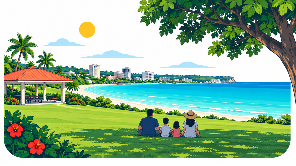 A family resting in the shade beside the lawn and Tumon Bay at Ypao Beach Park