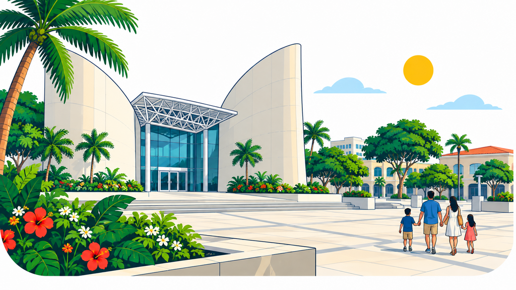 A family walking toward the curved facade and geometric canopy of the Guam Museum in Hagåtña