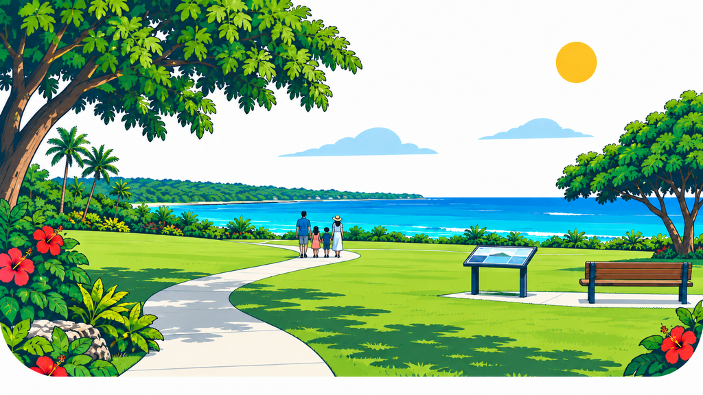 A family walking beside an interpretive panel on the coastal lawn at Asan Beach Unit