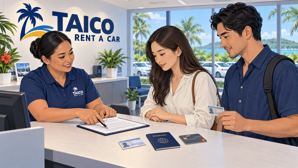 First-time customer presenting a driver license passport and credit card at a TAICO Guam counter