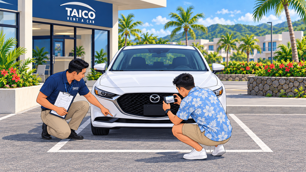 TAICO staff member and customer inspecting a Mazda3 and recording its condition by phone