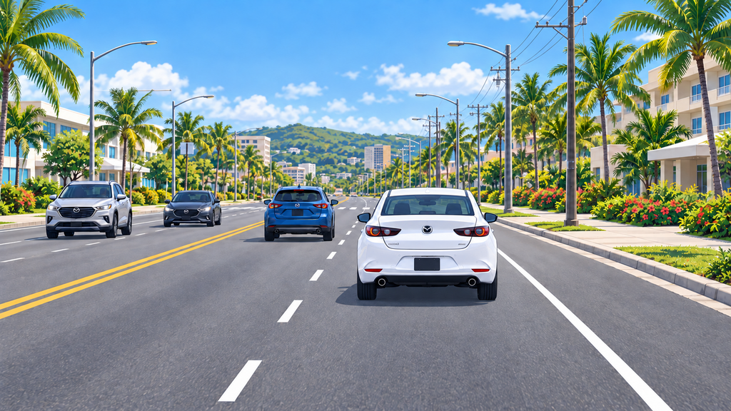 Mazda3 centered in the right-hand lane of a wide straight Guam road with correctly directed oncoming traffic