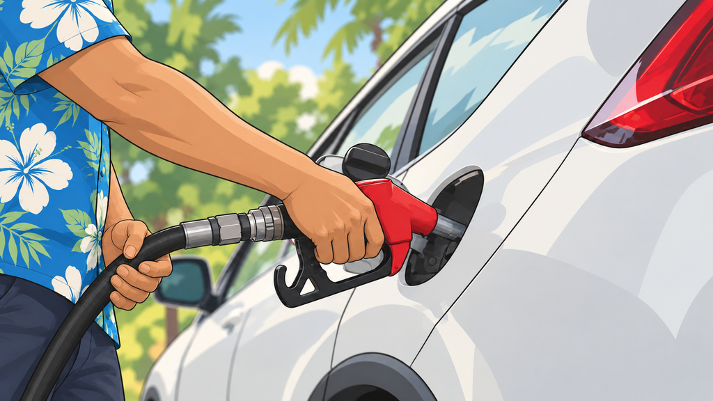 Traveler checking the fuel grade while safely refueling a Mazda3 at Shell Guam and receiving a receipt
