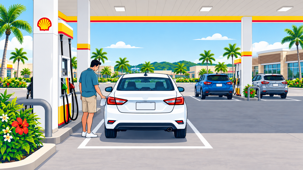 Rental car aligned with the pump on the fuel-door side at a Shell station in Guam