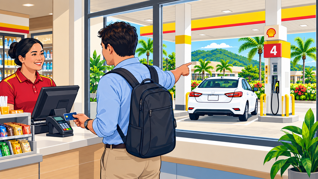 Traveler prepays by card inside a Guam gas station after checking the pump number
