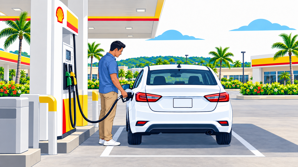 Traveler safely refuels a rental car at a self-service gas station in Guam