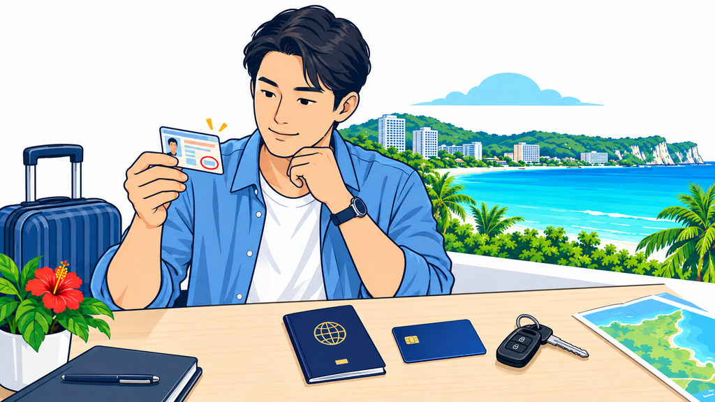 Traveler checking a driver's license and passport before renting a car in Guam