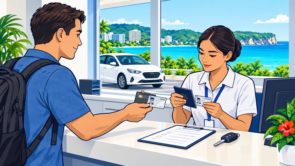 Traveler presenting an original driver's license passport and credit card at a Guam rental counter