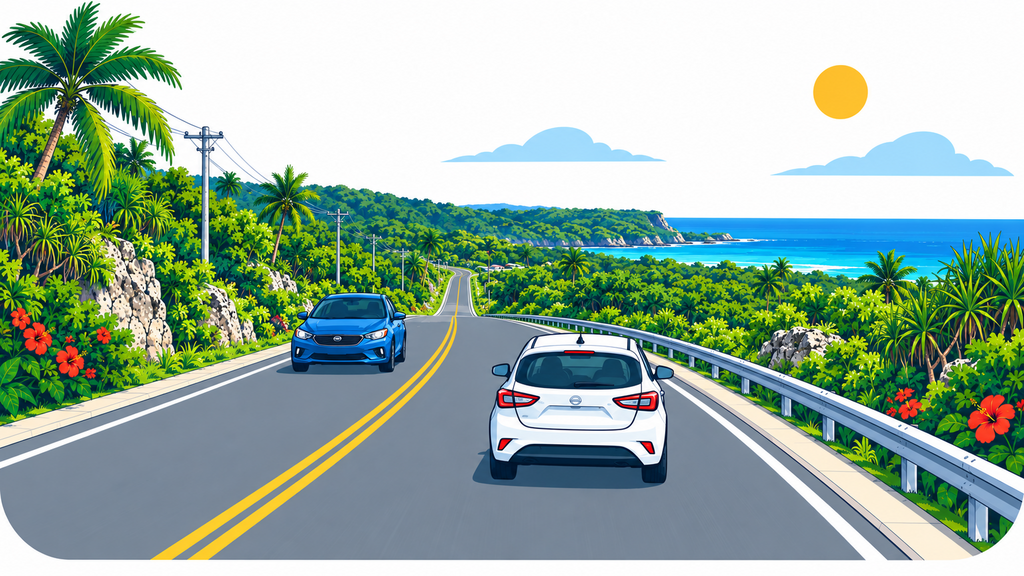 White rental car and an oncoming car centered in their correct lanes on a broad northern Guam road