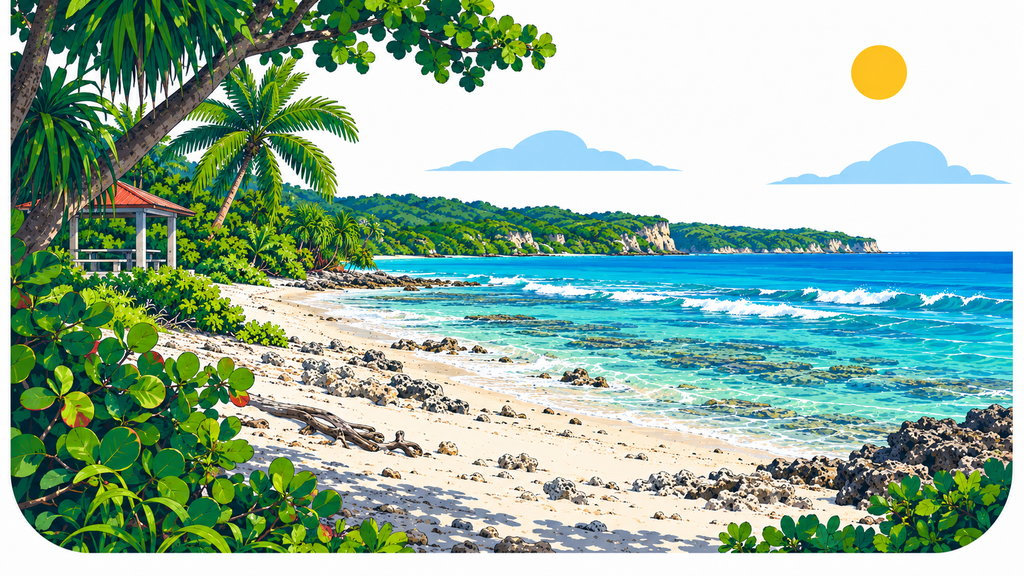 Tanguisson Beach shoreline framed by coastal forest, coral rock and shallow blue water