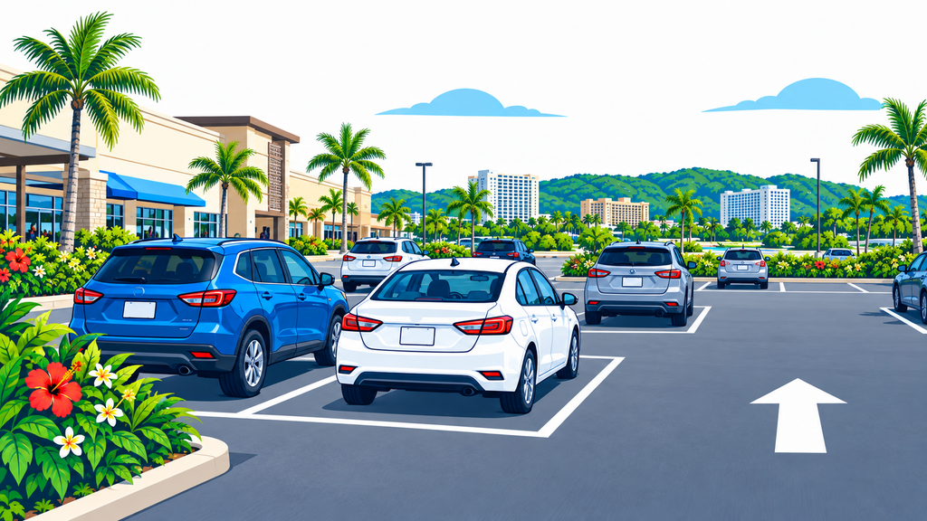Rental car parked correctly within white lines in a Guam parking lot