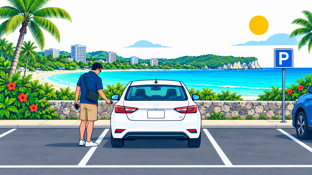 Traveler locks a rental car and takes valuables at a designated Guam beach parking lot