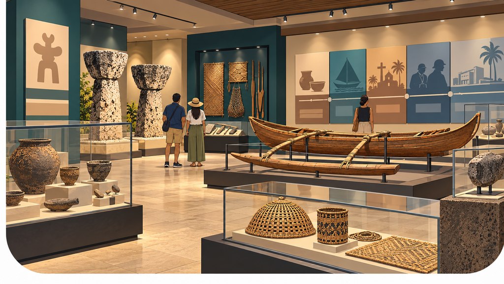 Guam history and culture museum gallery with an outrigger canoe, latte stones, pottery and woven objects