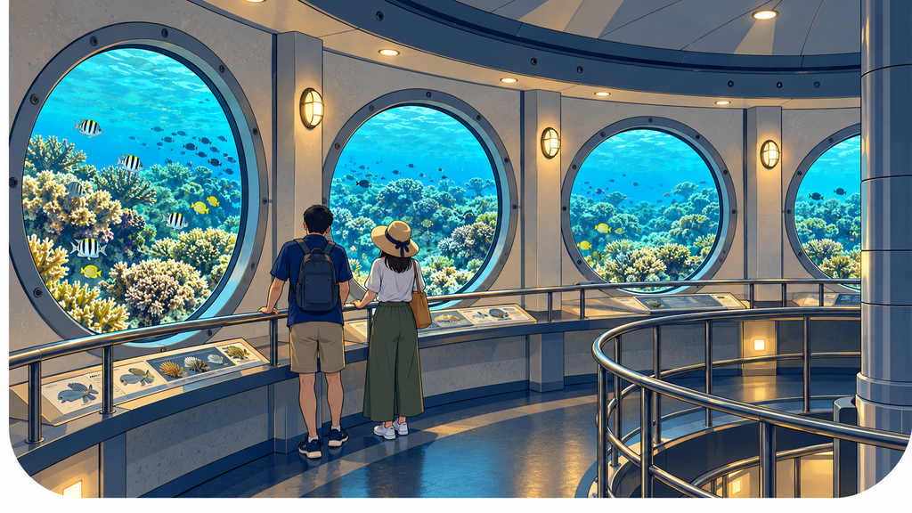Dry underwater viewing chamber at Fish Eye with round windows overlooking coral and tropical fish in Piti Bay