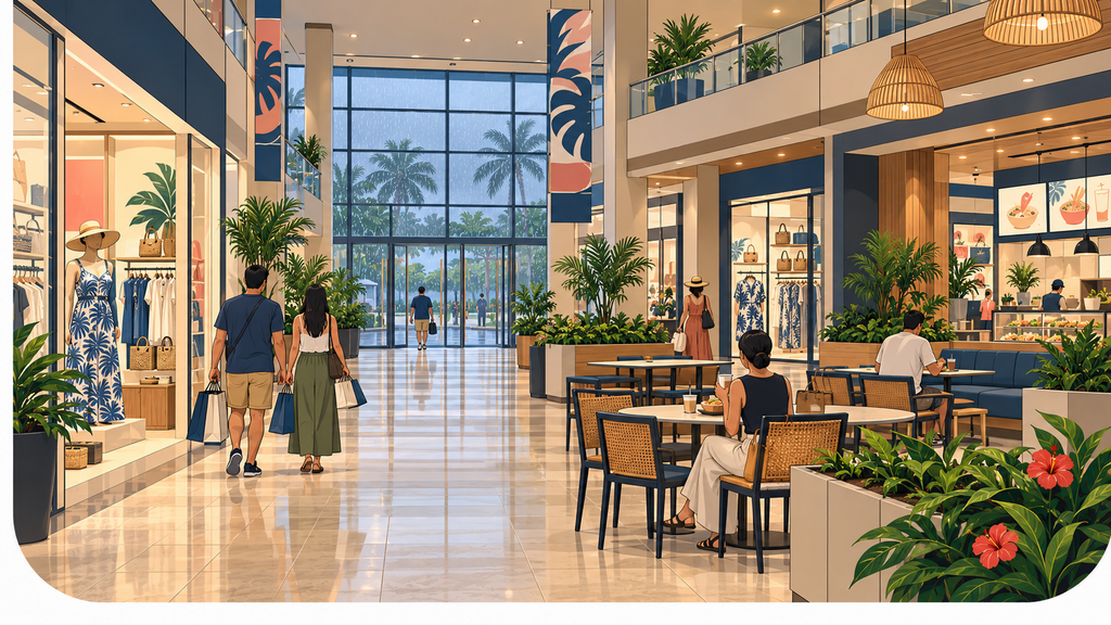 Travelers shopping and eating inside a large Guam commercial center while tropical rain falls outside