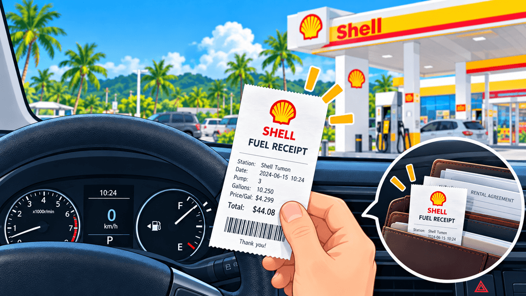 給油後のレンタカーの燃料計と返却時に提示するShellのガソリンレシート