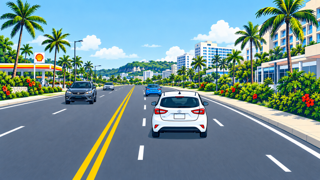 Rental car traveling fully within its lane on a right-hand-traffic Guam road after refueling for return