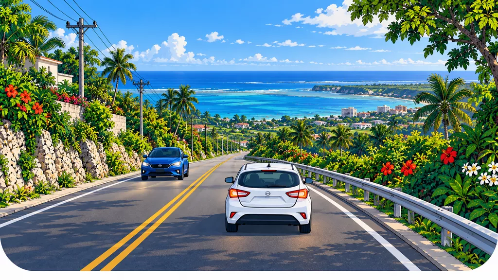 White rental car and an oncoming vehicle centered in their correct lanes on a Guam road descending toward the coast