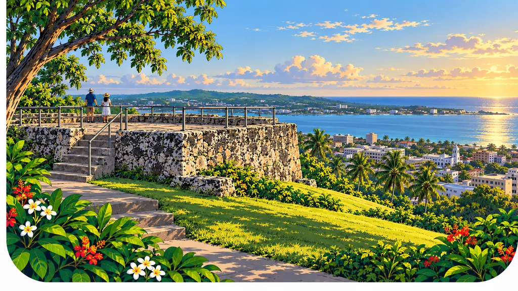Low masonry remains and viewing area at Fort Santa Agueda overlooking Hagåtña and the bay