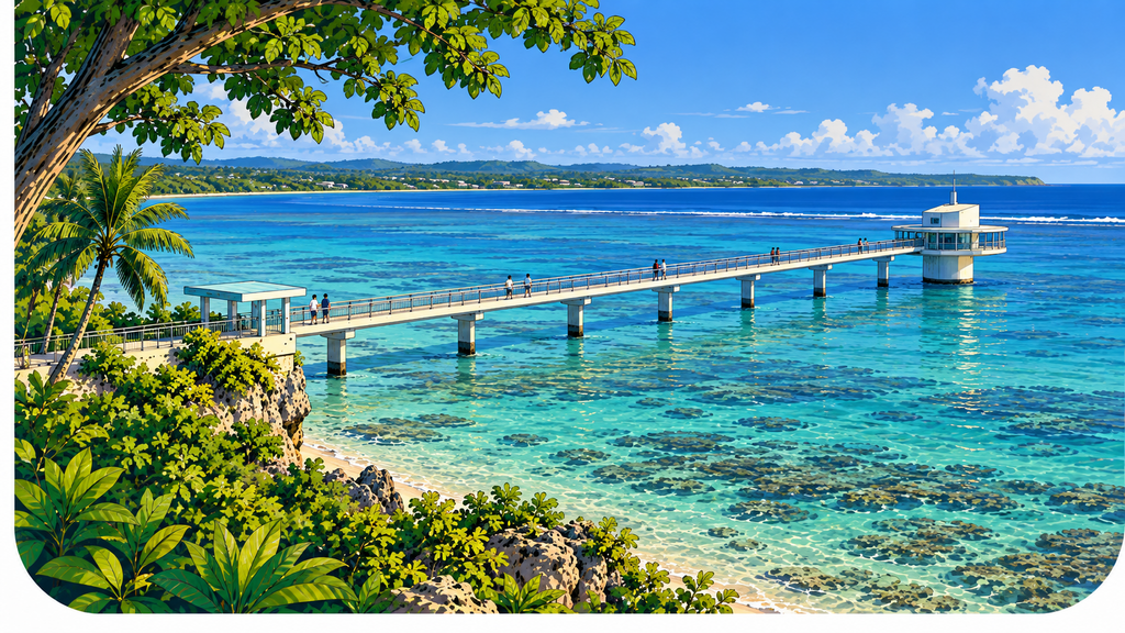 Long pedestrian sea bridge crossing the shallow reef to Fish Eye's underwater observatory in Piti Bay