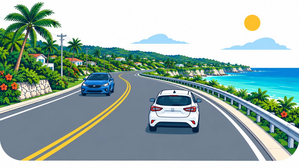 A white rental car and an oncoming car centered in their correct lanes on a southern Guam coastal road