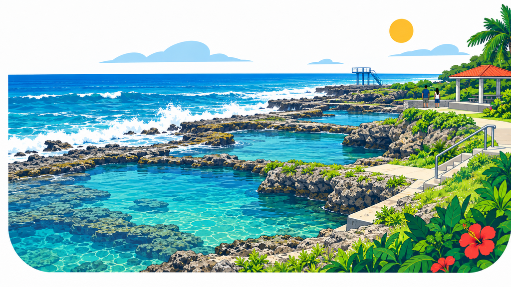 Inalåhan saltwater pools protected by rocky reef with outside ocean surf and a pavilion