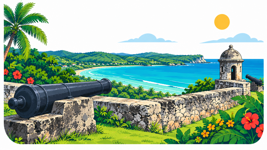 Historic cannon, stone wall and domed sentry box at Fort Soledad overlooking Humåtak Bay