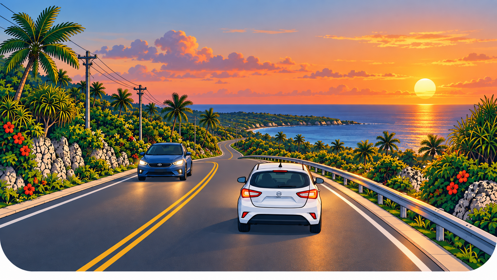 White rental car and an oncoming car centered in their correct lanes on a Guam road at sunset