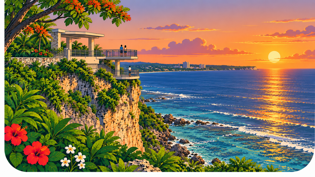 Two Lovers Point limestone cliff and viewing platforms lit by sunset over the Philippine Sea