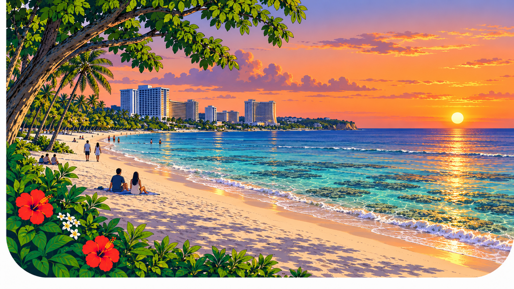 Sunset over Tumon Bay with white sand, shallow reef water and the hotel district