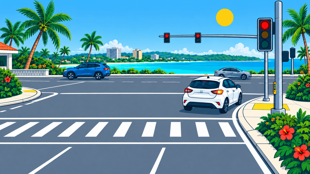 Car fully stopped before a crosswalk, yielding to pedestrians and cross traffic before turning right on red