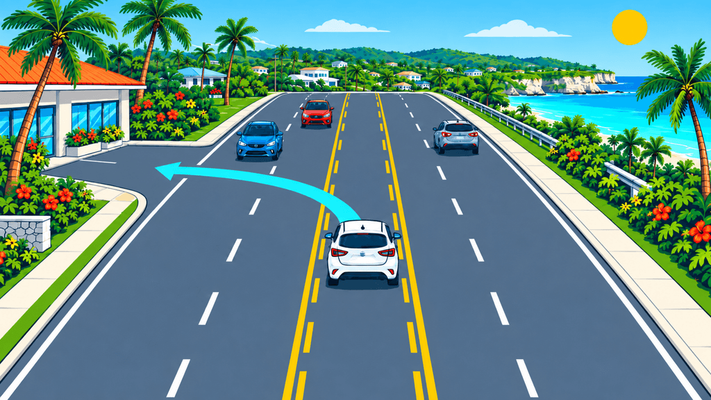 Car using a shared yellow center lane briefly to turn left into a roadside business