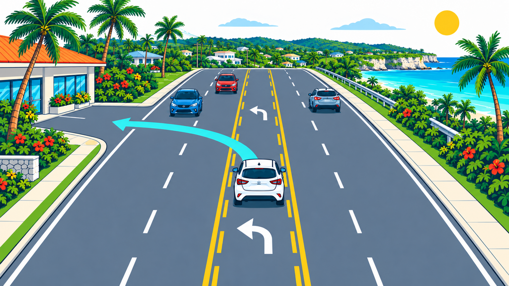 Car using a shared yellow center lane briefly to turn left into a roadside business