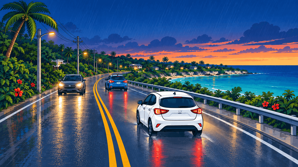 Rental car using headlights and a safe following distance on a wet Guam road at dusk