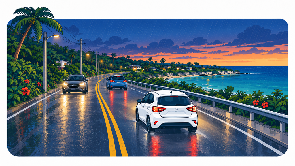 Rental car using headlights and a safe following distance on a wet Guam road at dusk
