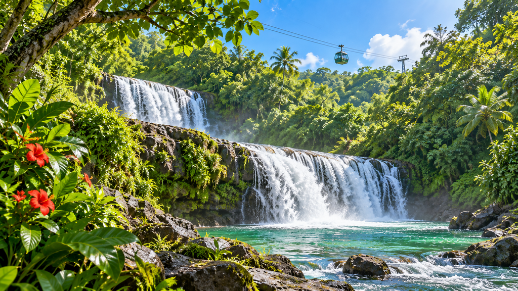 Talofofo Falls surrounded by tropical forest in Guam with a small cable car in the distance