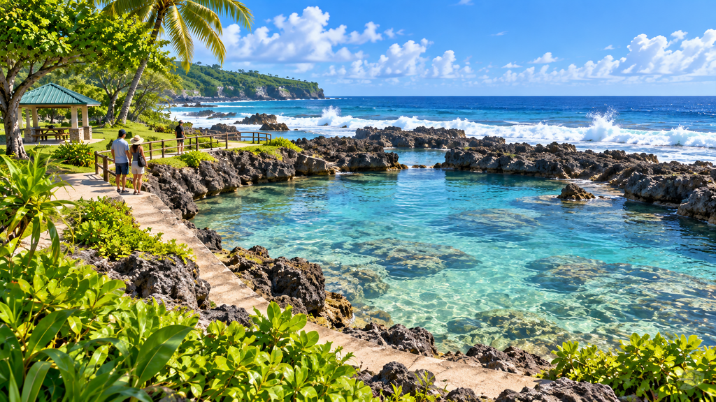 Rock-enclosed Inalåhan coastal pools in southeastern Guam with open-ocean waves beyond