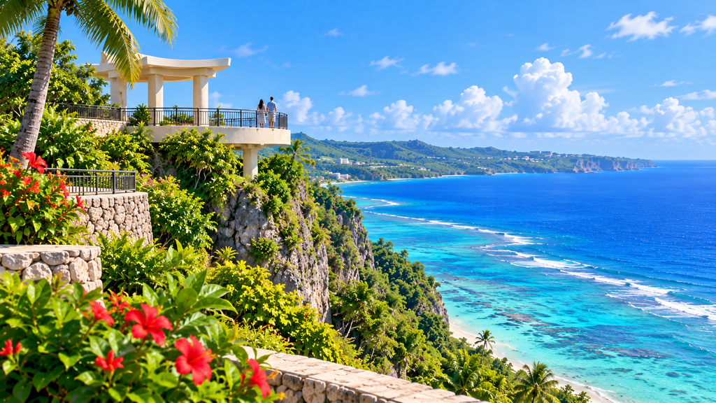 Side view of the Two Lovers Point observation deck and Philippine Sea in Guam