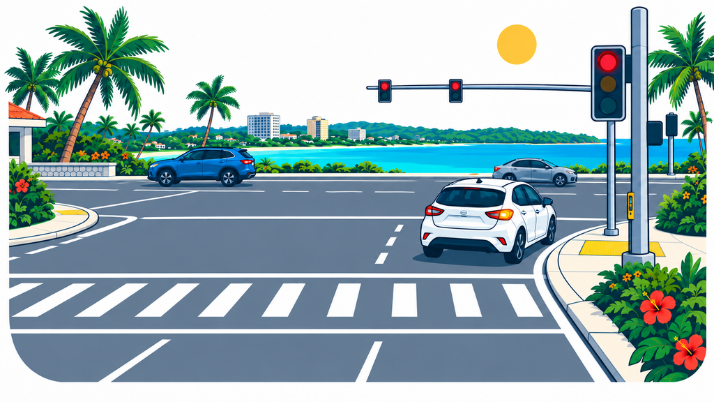 Rental car turning right from the far-right lane after stopping and yielding at a red light in Guam