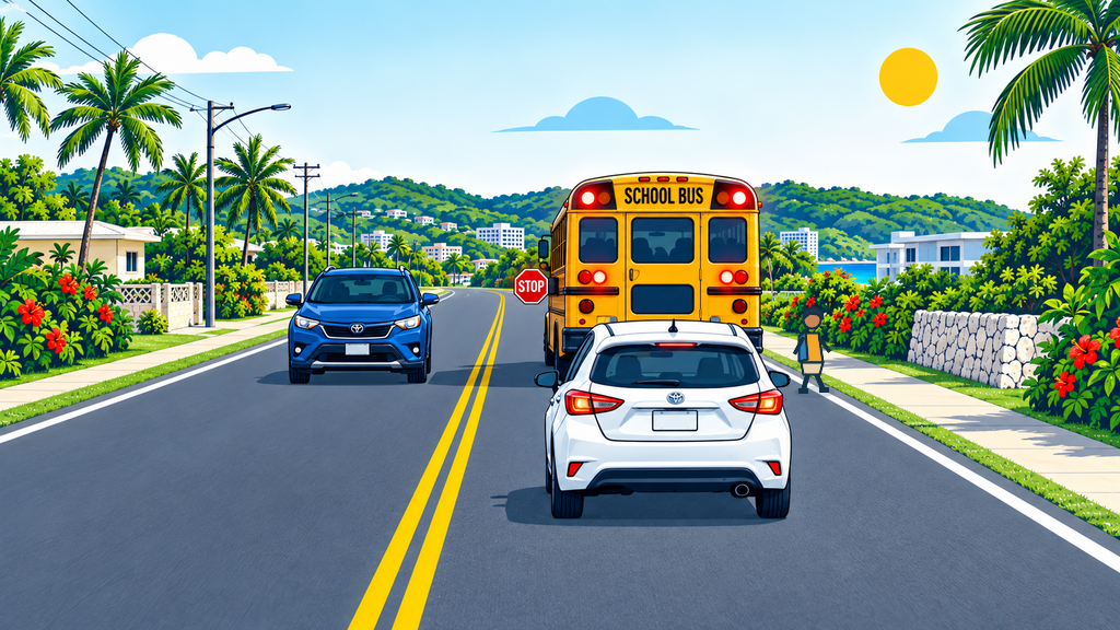 A child exits a school bus stopped to the right while a rental car behind it and oncoming traffic wait in Guam