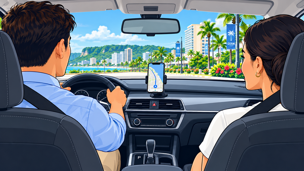Rental car occupants wearing seat belts with the navigation phone secured in a mount